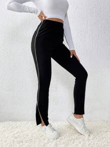 SHEIN Essnce Pantalones de talle alto ribete en contraste - Negro - Ver 3