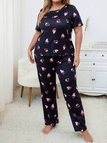 Plus Heart Print PJ Set / Pajama Set - Black - View 4