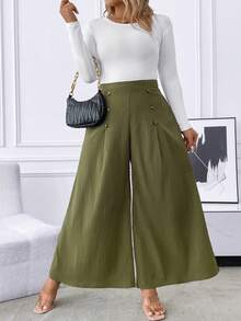 SHEIN LUNE Plus High Waist Plicated Detail Wide Leg Pants - Green - View 2
