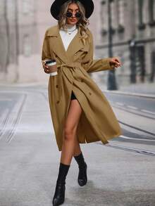 SHEIN Privé Đôi ngực Thắt lưng Áo khoác Trench - Màu Khaki - Xem 5