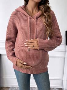 SHEIN Thai sản Thả vai Dây rút áo có mũ Áo len - Gỗ đỏ - Xem 2