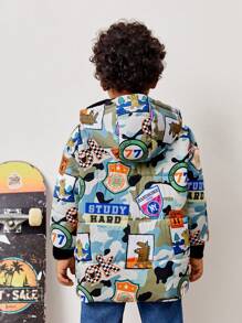 SHEIN Young Boy Cartoon Graphic Hooded Padded Coat