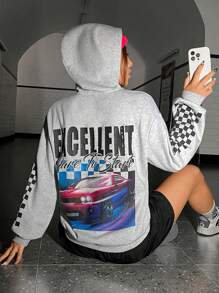 SHEIN EZwear Capucha con estampado de coche y letra de hombros caídos