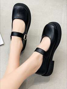 青少年女孩平底 PU 皮鞋，黑色玛丽珍风格低帮平底鞋 - 黑色 - 查看 5