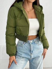 SHEIN PETITE Zip  White Coat - Olive Green - View 4