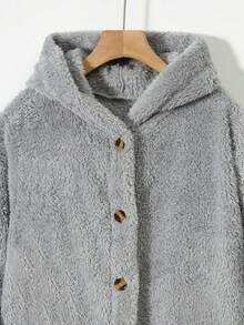 Teen Girls' Casual Mid-long Length Hooded Double-sided Fleece Jacket With High-low Hem - Grey - View 3