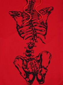ROMWE MEN Goth Men Skeleton Print Drawstring Hoodie - Red - View 8