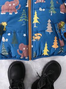 SHEIN 1 peça jaqueta acolchoada com forro quente e grosso para meninos, fofa, solta, desenho animado, animal e árvore, versátil e confortável para o inverno