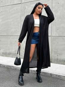 Flirla Talla grande Abrigo largo de hombros caídos con parte delantera abierta - Negro - Ver 1