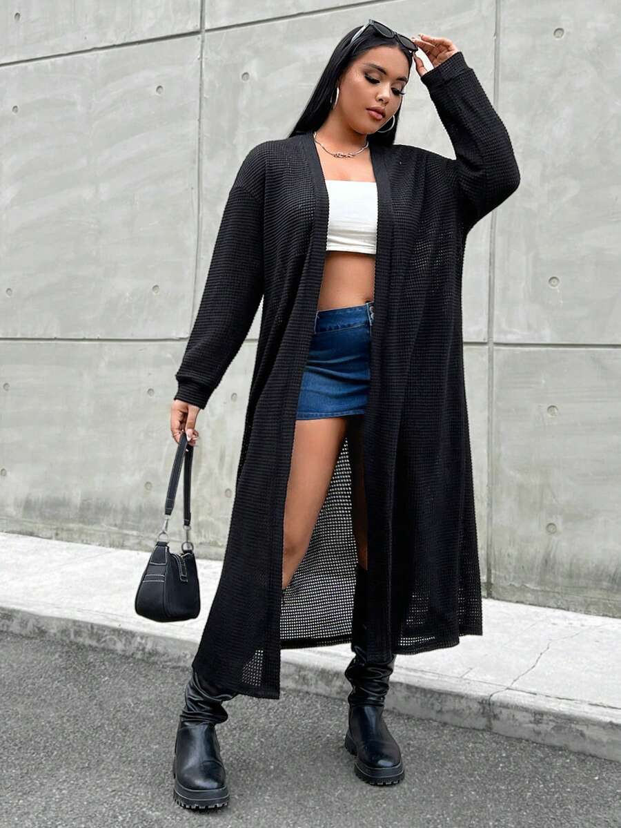Flirla Talla grande Abrigo largo de hombros caídos con parte delantera abierta - Negro - Ver 1