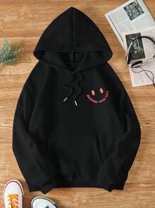 SHEIN EZwear 标语图案袋鼠口袋抽绳保暖内衬连帽衫 - 黑色 - 查看 2