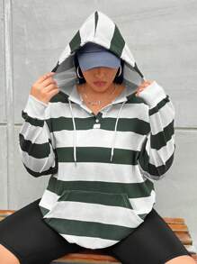 Flirla Plus Size Striped Print Drop Shoulder Drawstring Sweatshirt Pullover Fall Sweatshirt - Dark Green - View 6