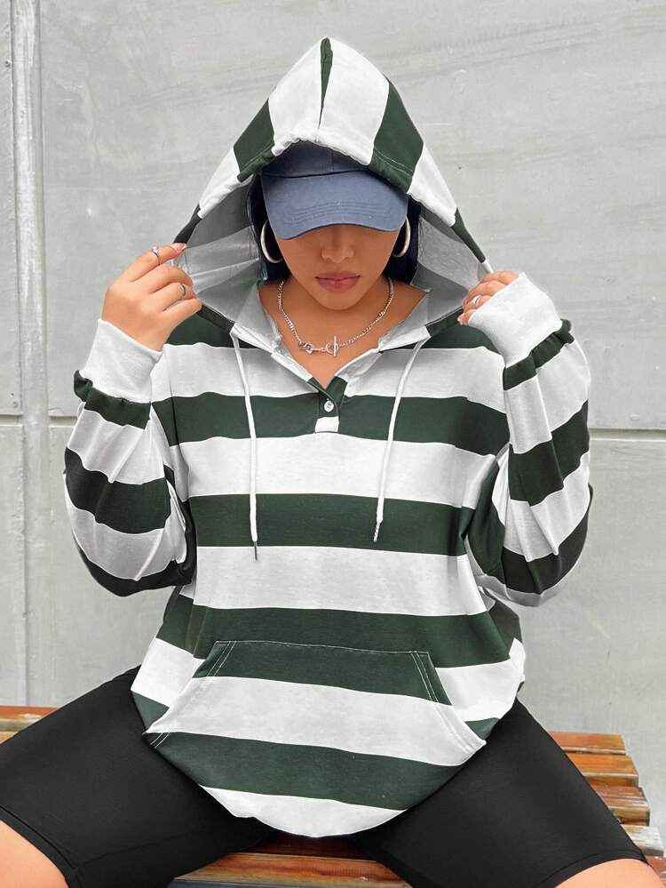 Plus Size Striped Print Drop Shoulder Drawstring Sweatshirt Pullover Fall Sweatshirt