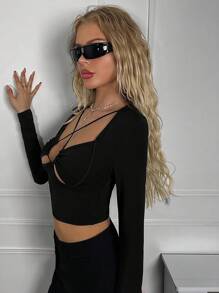 SHEIN ICON Y2k Clothes Long Sleeves Woman Club Tops Cutout Pleat Front Long Sleeve Fitted Women's T-Shirt - Black - View 3