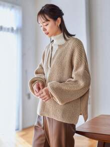 FRIFUL 1pc Notched Neck Drop Shoulder Sweater Fall - Apricot - View 6