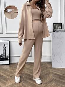 SHEIN Maternity Solid Tube Top & Button Front Shirt & Pants - Apricot - View 3