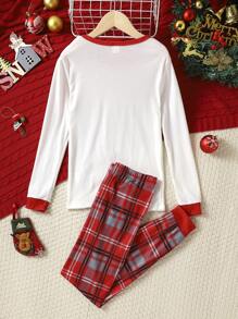 青少年女孩聖誕印花對比邊框上衣和格紋褲子緊身睡衣套裝 - 紅色 - 查看 2