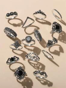 ROMWE Grunge Punk 15 件套波西米亚复古莲花戒指 - 黑色 - 查看 1