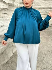 SHEIN Privé Hơn Lá sen tỉa Cổ giả Tay áo lồng đèn Áo sơ mi - Màu xanh lam - Xem 6