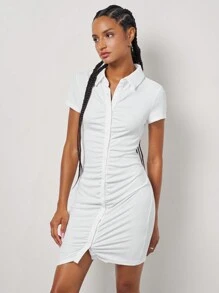 SHEIN EZwear Collared Buttoned Front Rib-Knit Dress - White - View 3
