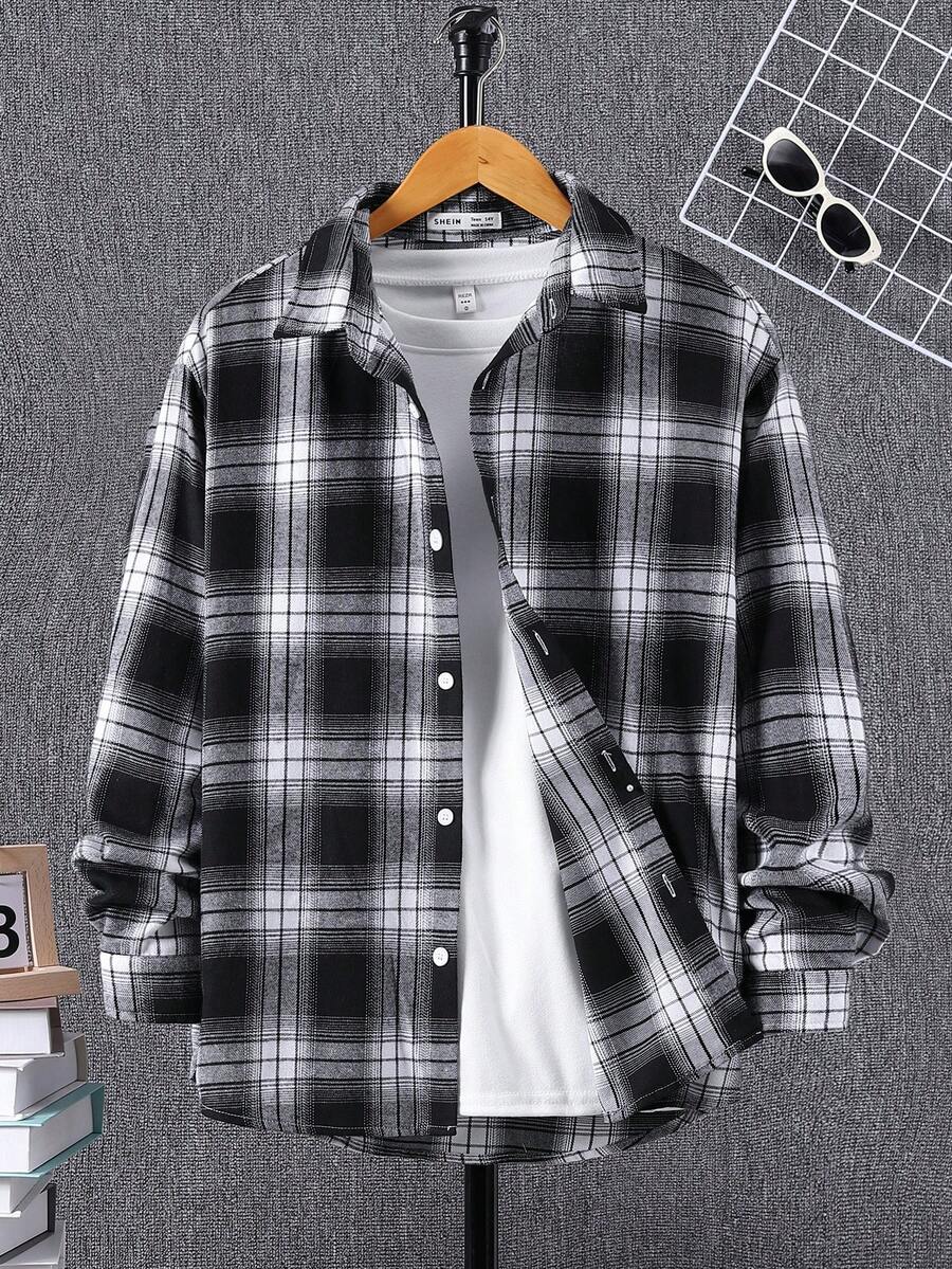 SHEIN Thiếu niên con trai Lỏng lẻo Phù hợp In kẻ sọc Vòng cổ Nút Lên Dệt Áo sơ mi Với Tay áo dài - Đen và trắng - Xem 1