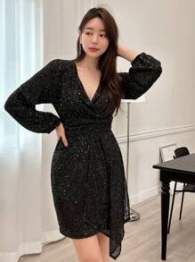Dazy Star Đầm quấn sequin cổ chữ V tay phồng đính sequin, đầm dạ hội, đầm dự tiệc cho nữ, đầm mùa thu, đầm dự tiệc Homecoming, đầm dự lễ hội cho nữ, đầm lấp lánh cho lễ hội hóa trang. - màu đen - Xem 8