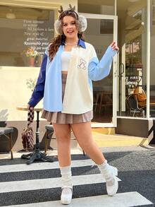 SHEIN EZwear Plus Size Fall/winter Colorblock Teddy Bear Embroidery Shirt - Multicolor - View 5
