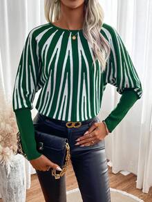 SHEIN LUNE 圖形圖案蝙蝠袖套頭毛衣 - 綠色 - 查看 5