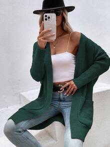 SHEIN LUNE Dual Pocket Duster Cardigan - Green - View 3