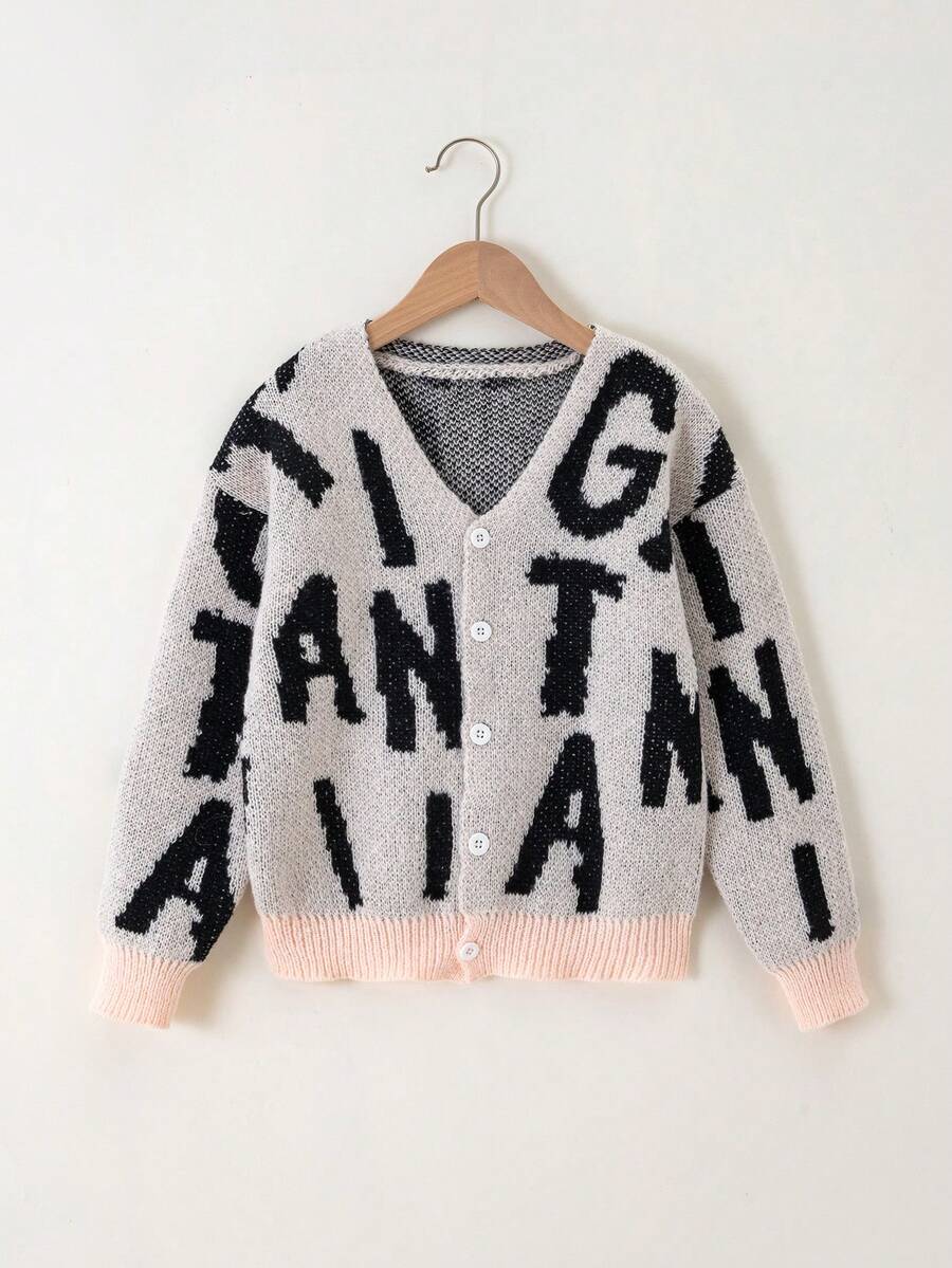 SHEIN 男大童字母圖案拼接邊開襟衫 - 杏色 - 查看 1