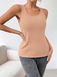 SHEIN Essnce Solid Ribbed Knit Thermal Tank Top - Khaki - View 3