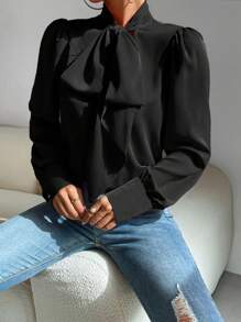 SHEIN Privé Tie Neck Lantern Sleeve Blouse - Black - View 4