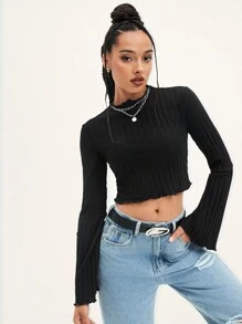 Muchica Lettuce Trim Flounce Sleeve Tee - Black - View 7