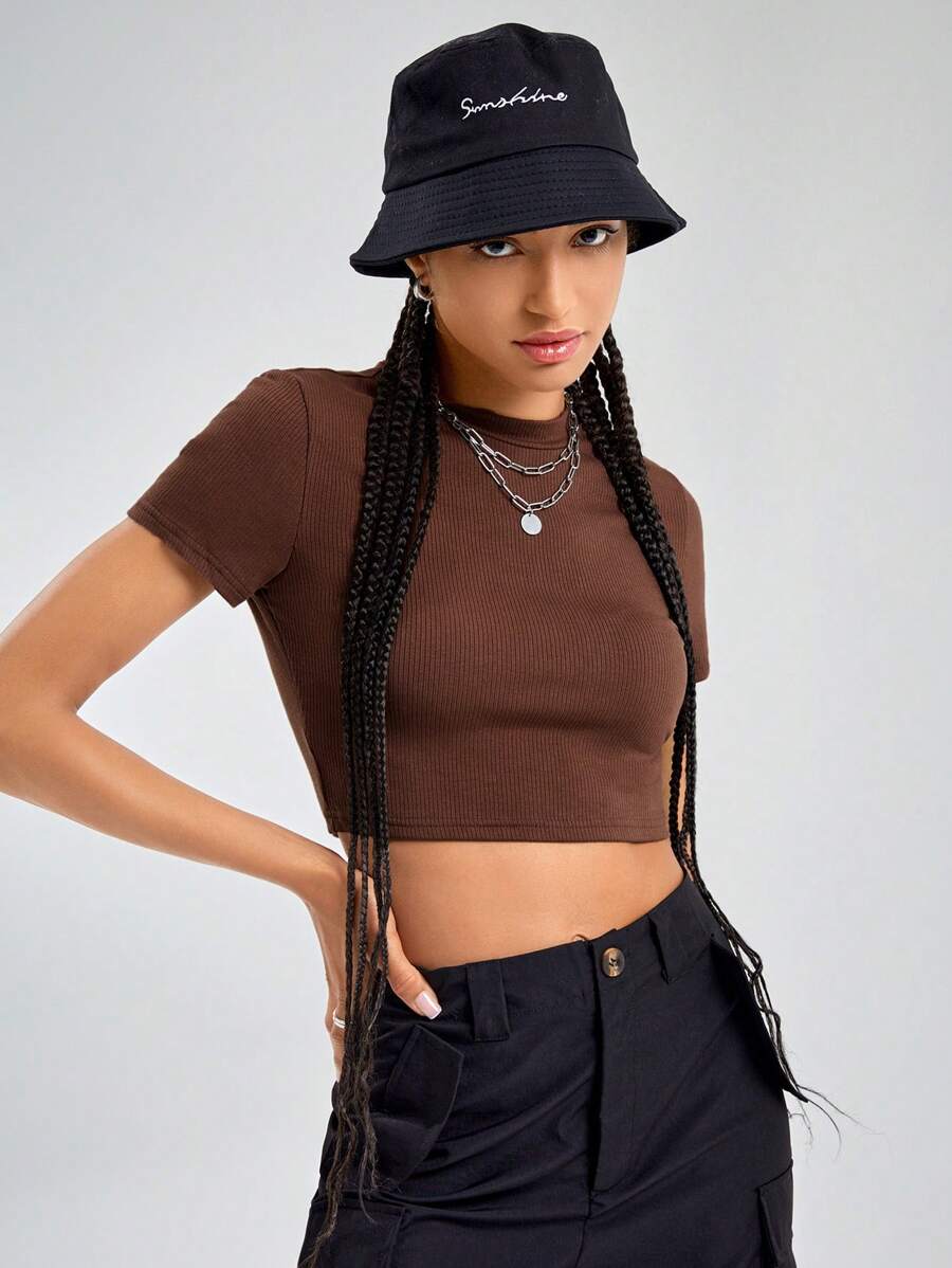 SHEIN EZwear Mock Neck Crop Tee - Coffee Brown - View 1