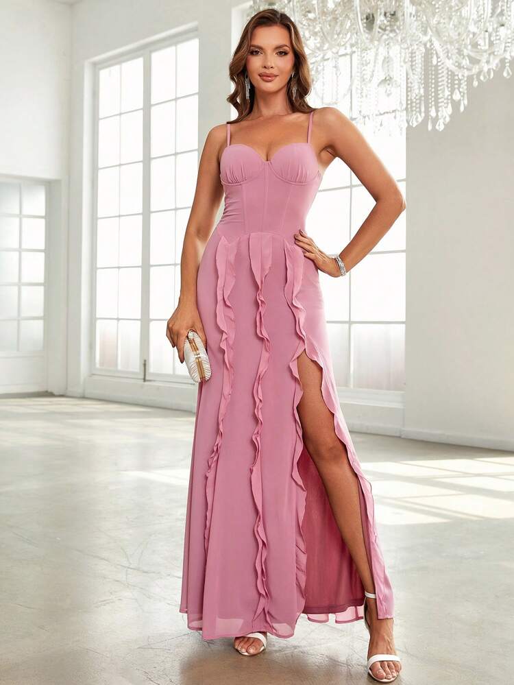 Ruffle Trim Split Thigh Chiffon Bridesmaid Dress