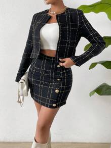 SHEIN Privé Plaid Print Open Front Jacket & Skirt - Black - View 4