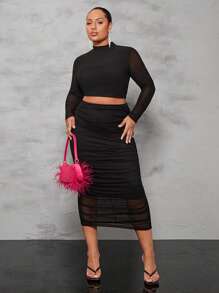 SHEIN BAE Hơn Cổ giả Mùa vụ Lưới Áo & Xù Váy bút chì - màu đen - Xem 1