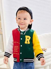 男嬰標語圖案貼布細節撞色學院風夾克 - 彩色 - 查看 5