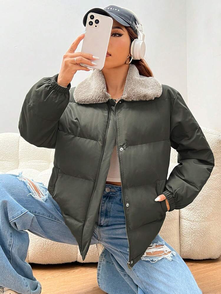 Green Weave Fluff Collar Women's Padded Coat In Fall/Winter