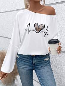 SHEIN LUNE Heart & Leopard Print Asymmetrical Neck Lantern Sleeve Tee - White - View 6