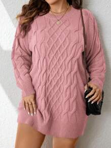 Calvaya Talla grande Vestido de punto tejido de cable de manga raglán - Rosa - Ver 2