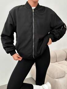 RueChic Zip Up Bomber Jacket For Autumn & Winter - Black - View 5