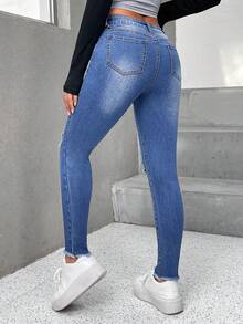 SHEIN PETITE 高腰破洞緊身牛仔褲 - 中等水洗藍 - 查看 2