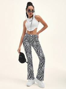Muchica Split Hem Zebra Striped Pants - Black and White - View 4