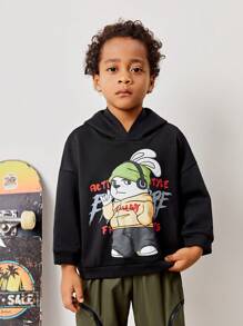 SHEIN Young Boy Cartoon & Letter Graphic Drop Shoulder Hoodie
