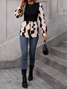 SHEIN LUNE Graphic Print Lantern Sleeve Peplum 2 In 1 Blouse - Black - View 4