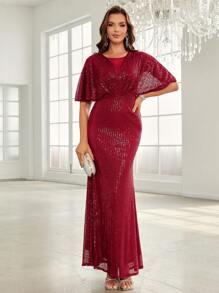 SHEIN Belle Butterfly Sleeve Mermaid Hem Sequin Formal Dress - Red - View 1
