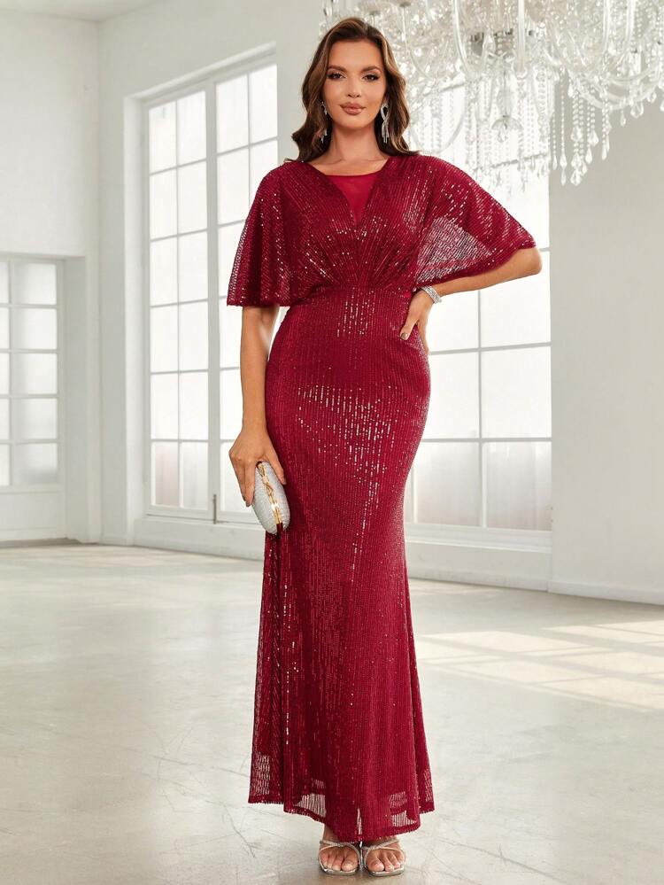 Butterfly Sleeve Mermaid Hem Sequin Formal Dress