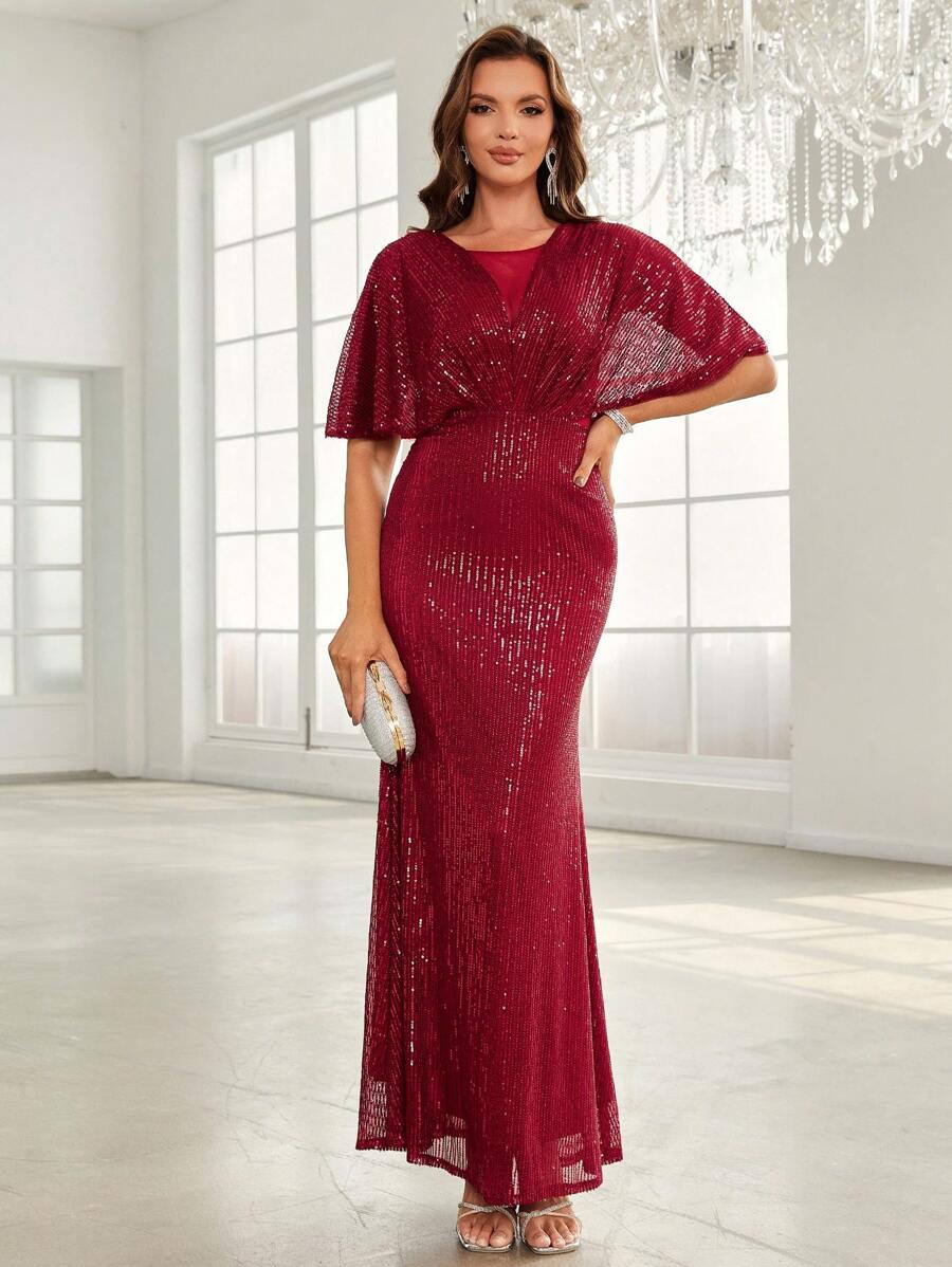 SHEIN Belle Butterfly Sleeve Mermaid Hem Sequin Formal Dress - Red - View 1