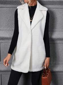 SHEIN LUNE 西裝領開門襟絨毛外套馬甲 - 白色 - 查看 5